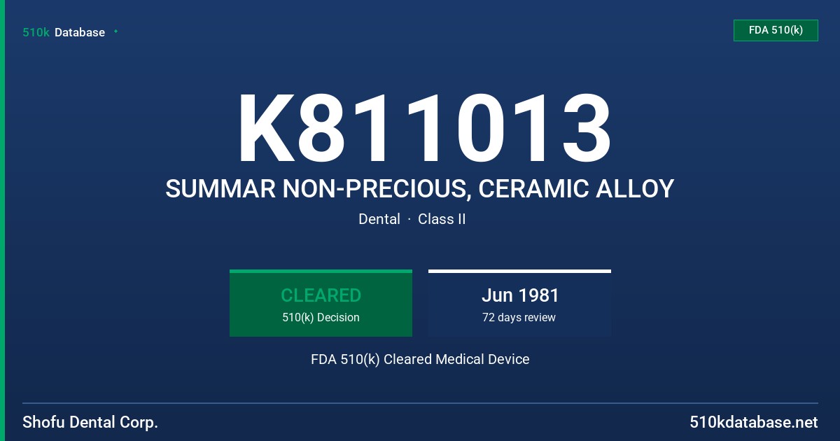 K811013 SUMMAR NON-PRECIOUS, CERAMIC ALLOY FDA 510(k) Cleared Medical Device