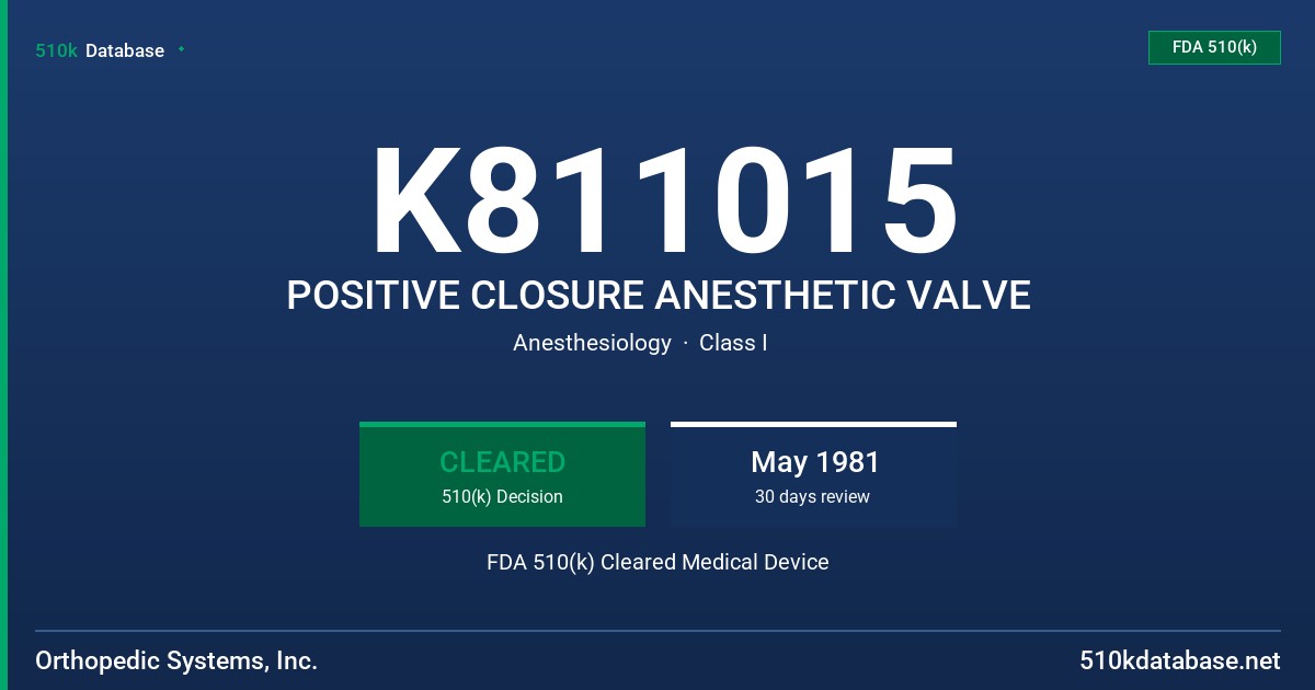 K811015 POSITIVE CLOSURE ANESTHETIC VALVE FDA 510(k) Cleared Medical Device