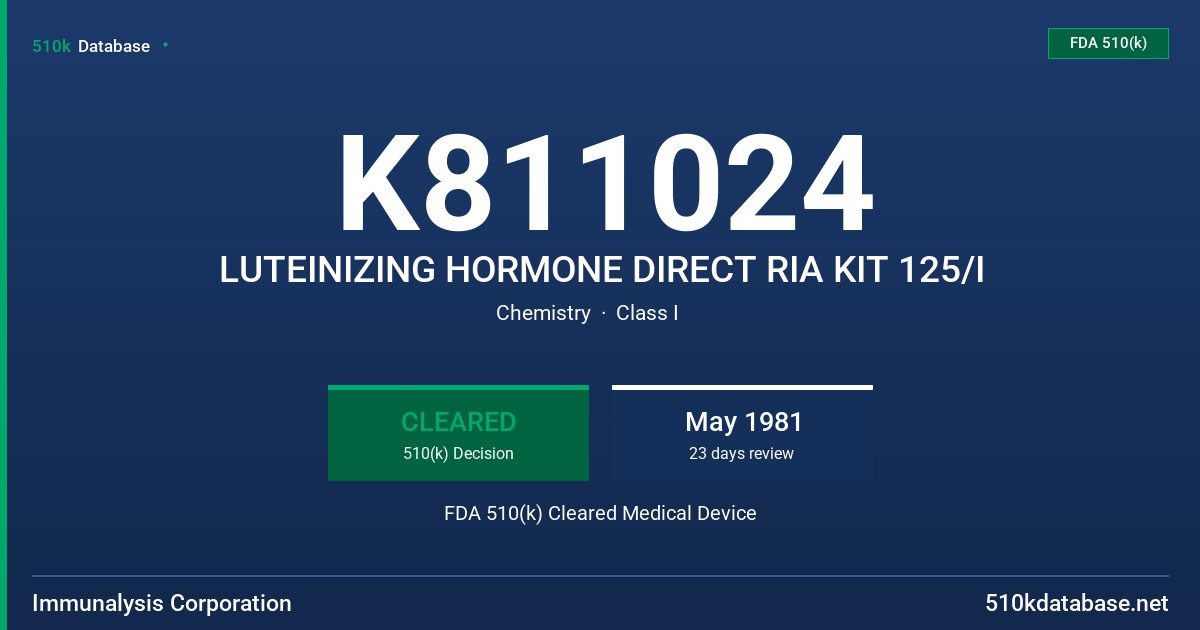 K811024 LUTEINIZING HORMONE DIRECT RIA KIT 125/I FDA 510(k) Cleared Medical Device