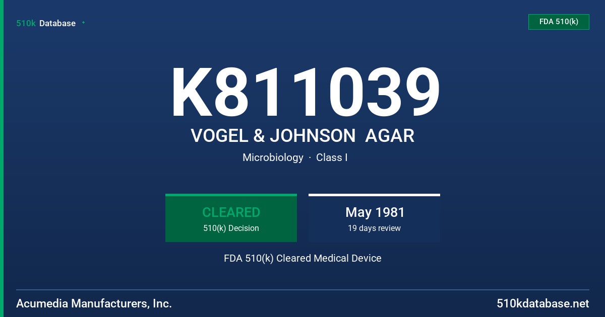 K811039 VOGEL & JOHNSON  AGAR FDA 510(k) Cleared Medical Device