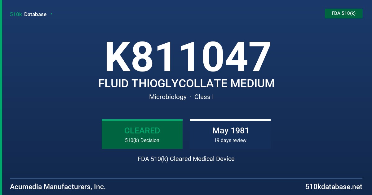 K811047 FLUID THIOGLYCOLLATE MEDIUM FDA 510(k) Cleared Medical Device