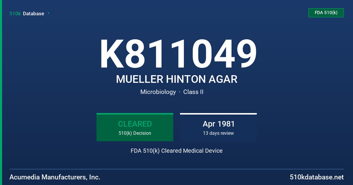 K811049 MUELLER HINTON AGAR FDA 510(k) Cleared Medical Device