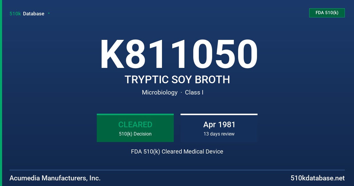 K811050 TRYPTIC SOY BROTH FDA 510(k) Cleared Medical Device