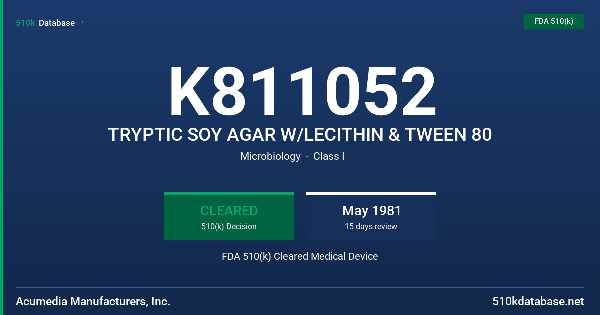 K811052 TRYPTIC SOY AGAR W/LECITHIN & TWEEN 80 FDA 510(k) Cleared Medical Device