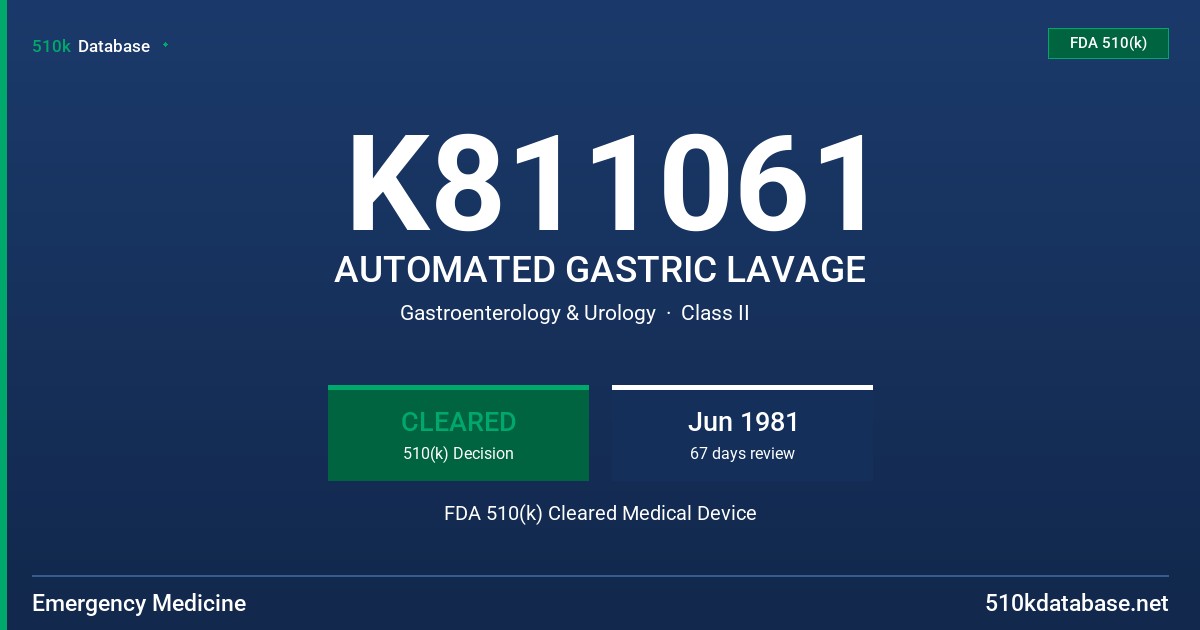 K811061 AUTOMATED GASTRIC LAVAGE FDA 510(k) Cleared Medical Device