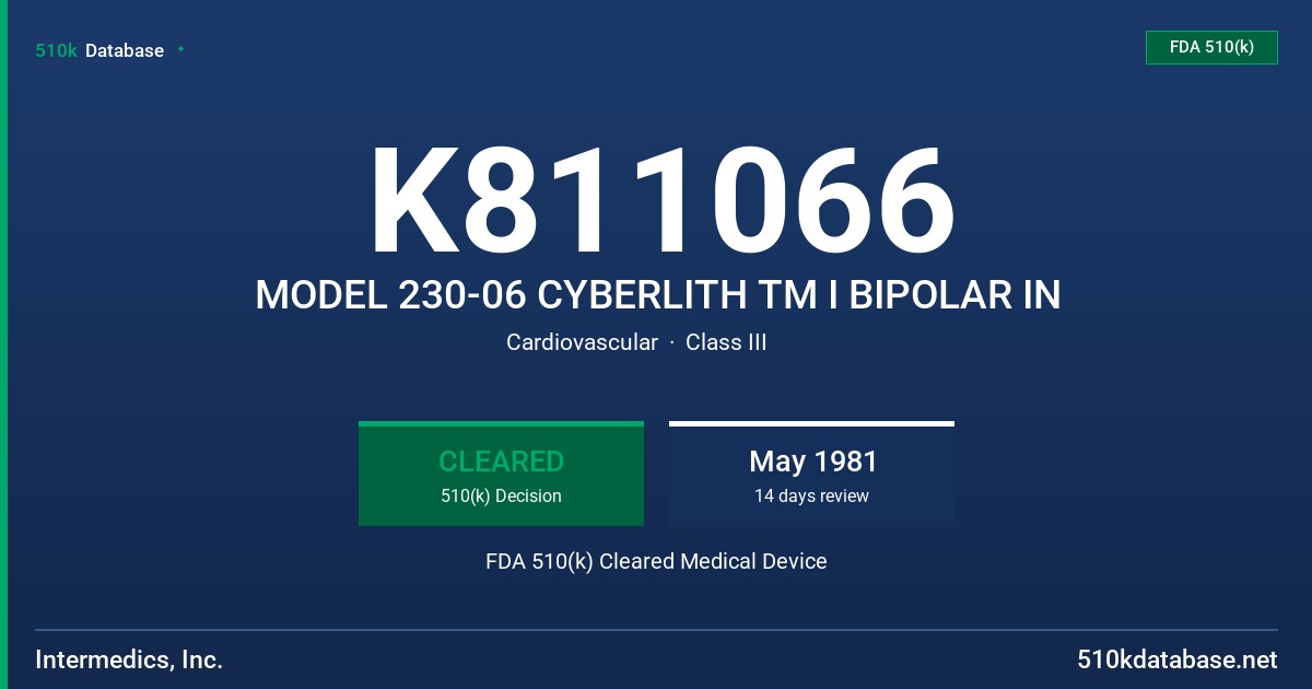 K811066 MODEL 230-06 CYBERLITH TM I BIPOLAR IN FDA 510(k) Cleared Medical Device