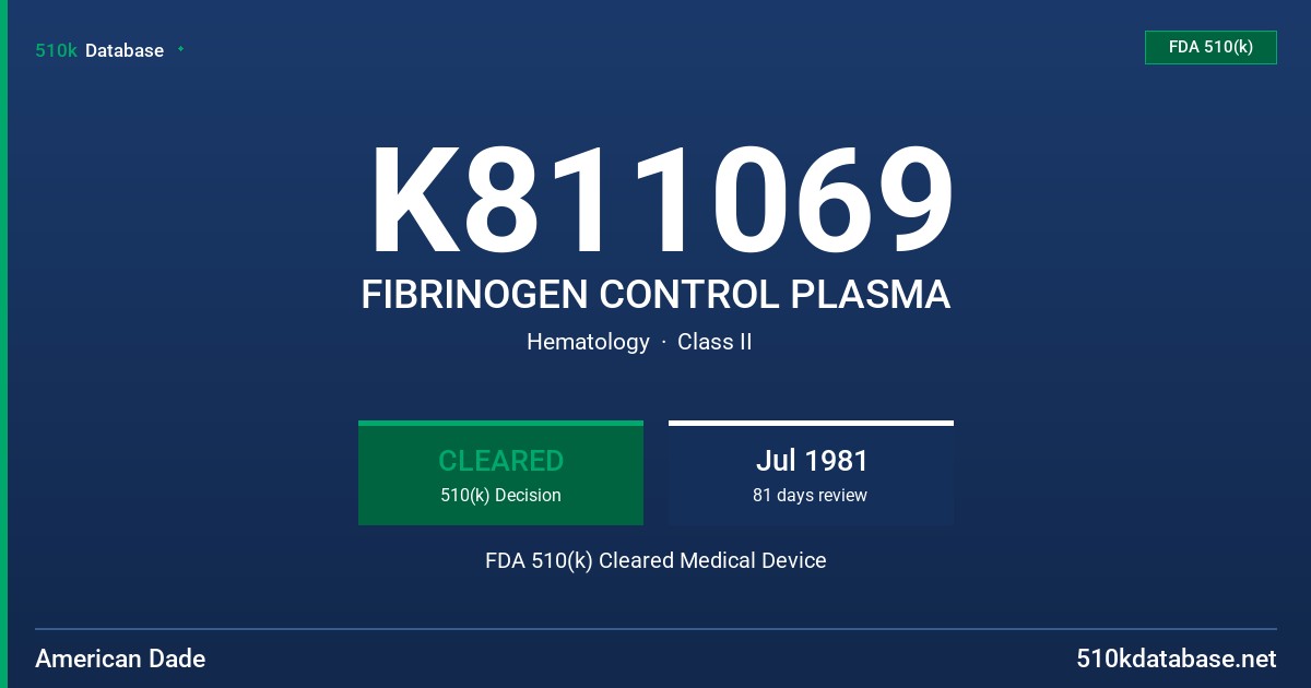 K811069 FIBRINOGEN CONTROL PLASMA FDA 510(k) Cleared Medical Device
