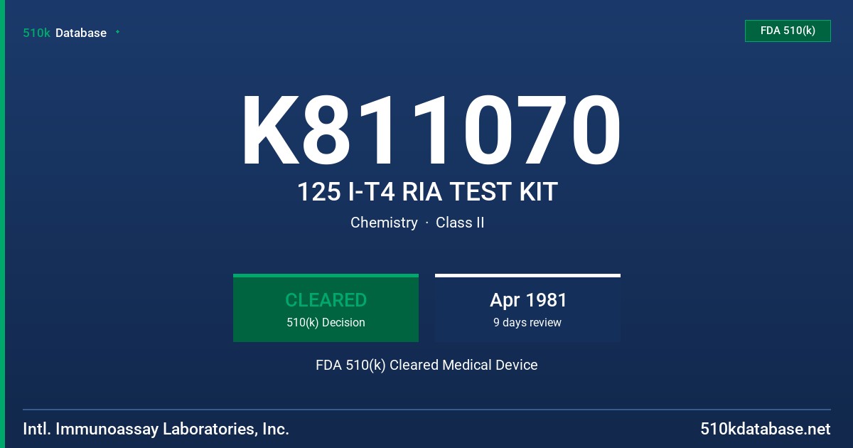 K811070 125 I-T4 RIA TEST KIT FDA 510(k) Cleared Medical Device