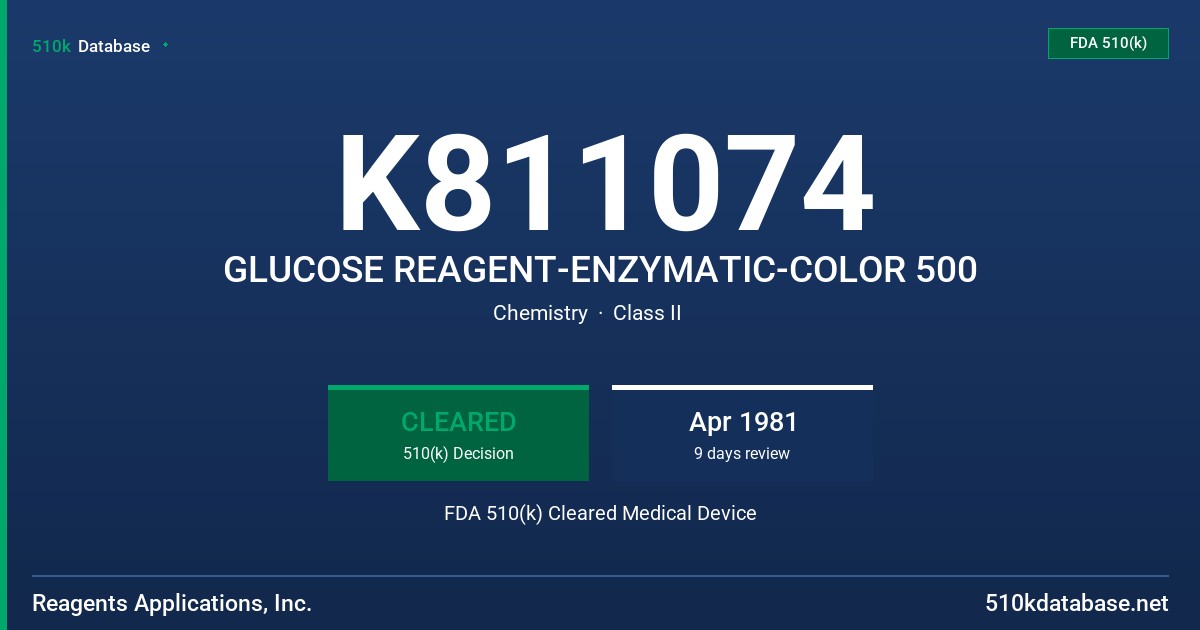 K811074 GLUCOSE REAGENT-ENZYMATIC-COLOR 500 FDA 510(k) Cleared Medical Device