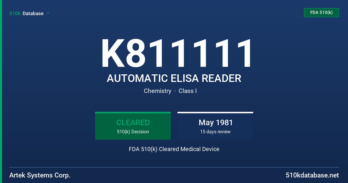K811111 AUTOMATIC ELISA READER FDA 510(k) Cleared Medical Device