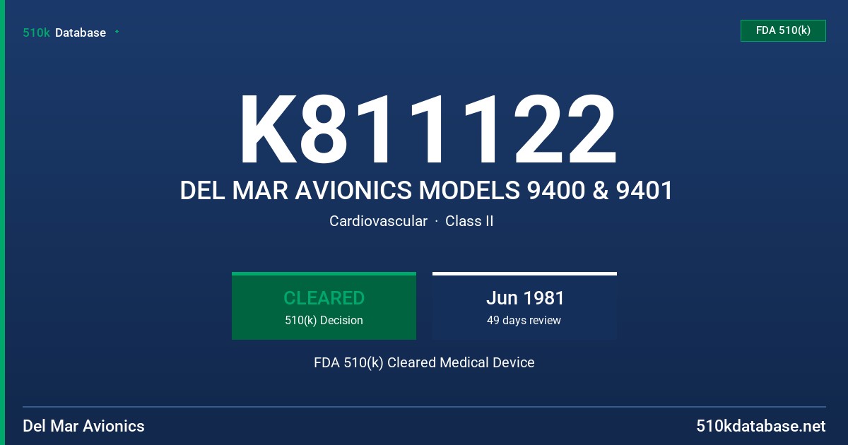 K811122 DEL MAR AVIONICS MODELS 9400 & 9401 FDA 510(k) Cleared Medical Device