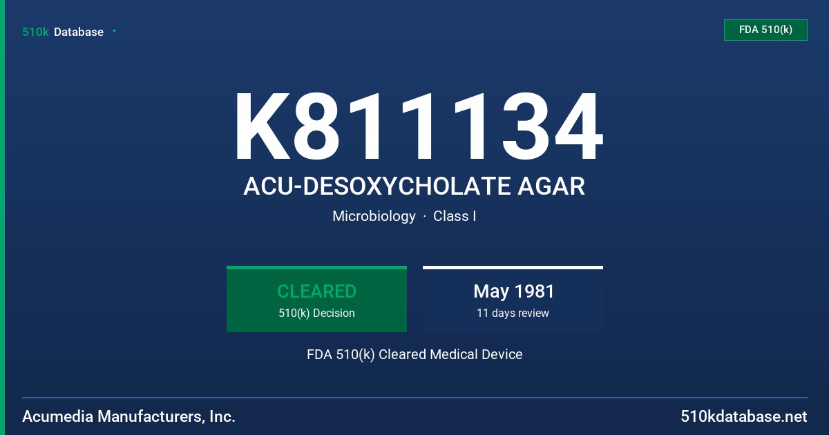 K811134 ACU-DESOXYCHOLATE AGAR FDA 510(k) Cleared Medical Device