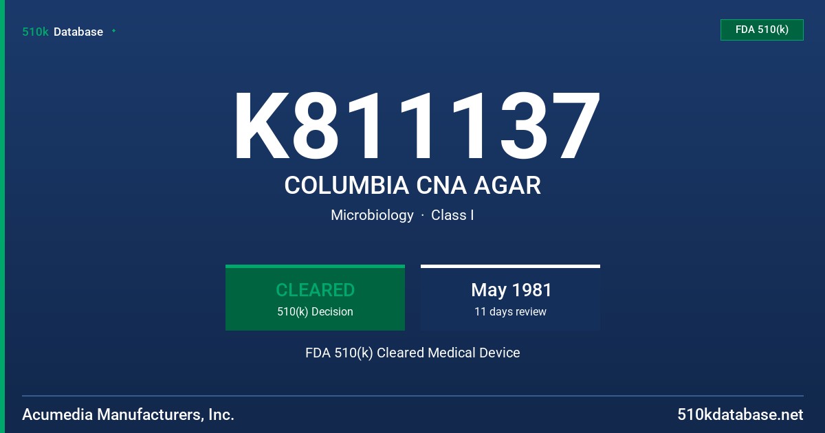 K811137 COLUMBIA CNA AGAR FDA 510(k) Cleared Medical Device