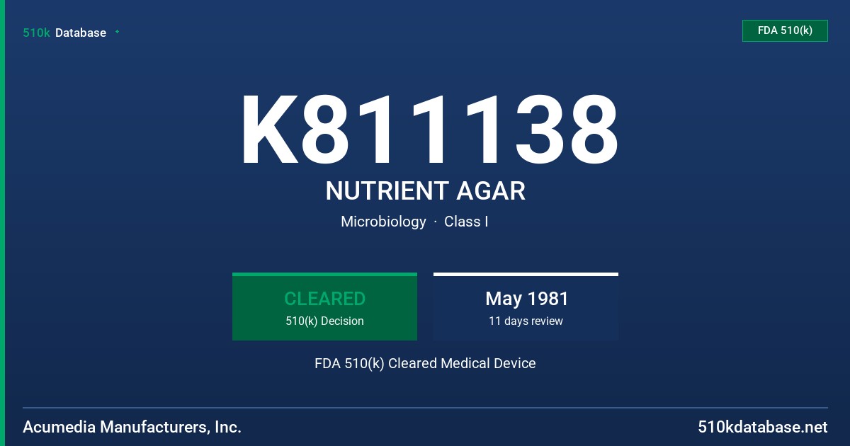 K811138 NUTRIENT AGAR FDA 510(k) Cleared Medical Device