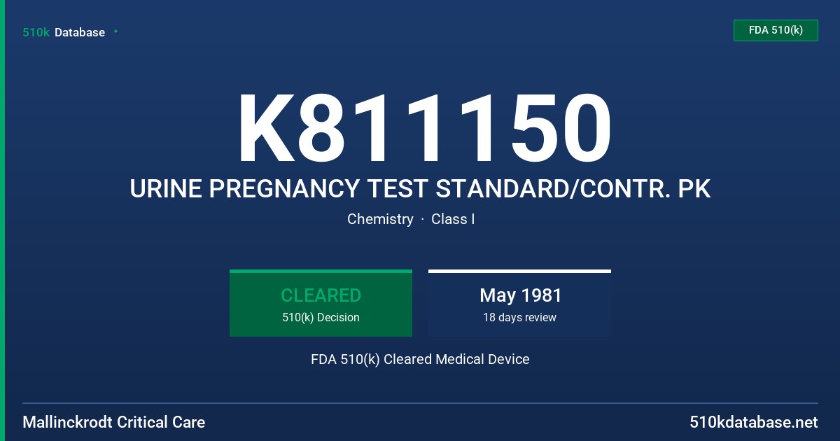 K811150 URINE PREGNANCY TEST STANDARD/CONTR. PK FDA 510(k) Cleared Medical Device