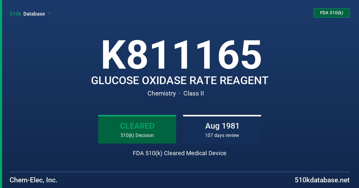 K811165 GLUCOSE OXIDASE RATE REAGENT FDA 510(k) Cleared Medical Device