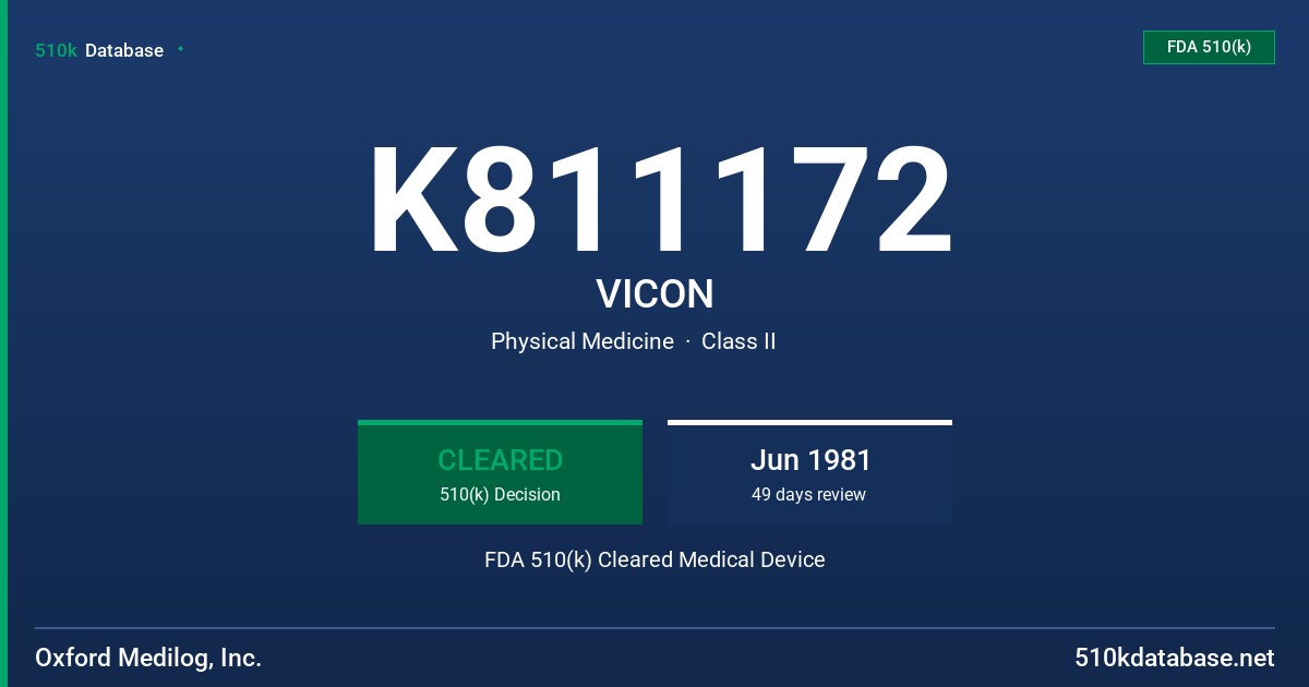 K811172 VICON FDA 510(k) Cleared Medical Device