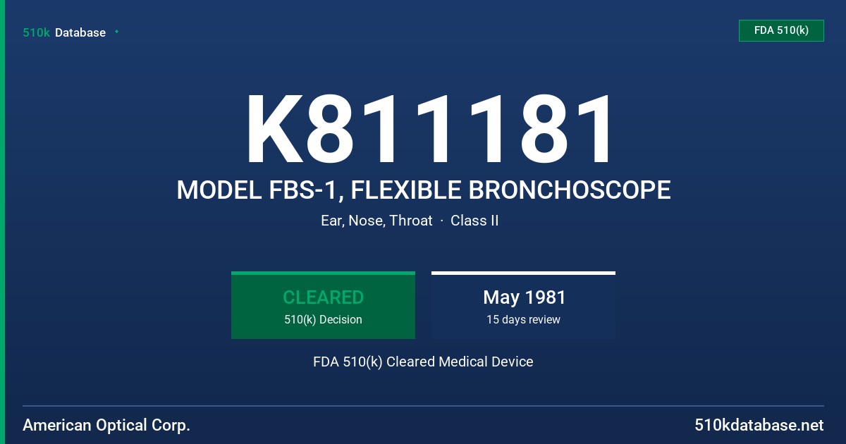 K811181 MODEL FBS-1, FLEXIBLE BRONCHOSCOPE FDA 510(k) Cleared Medical Device