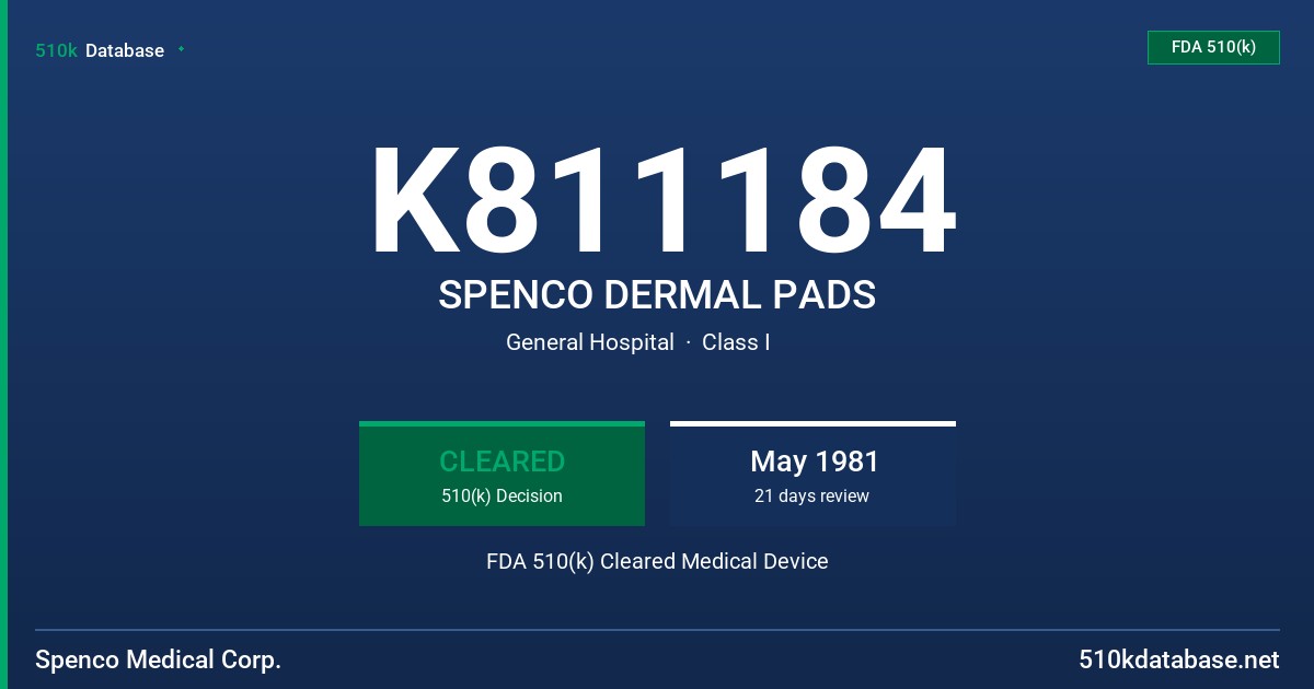 K811184 SPENCO DERMAL PADS FDA 510(k) Cleared Medical Device