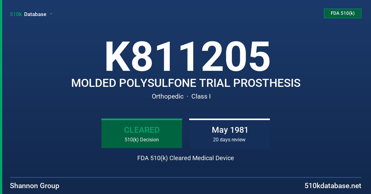 K811205 MOLDED POLYSULFONE TRIAL PROSTHESIS FDA 510(k) Cleared Medical Device