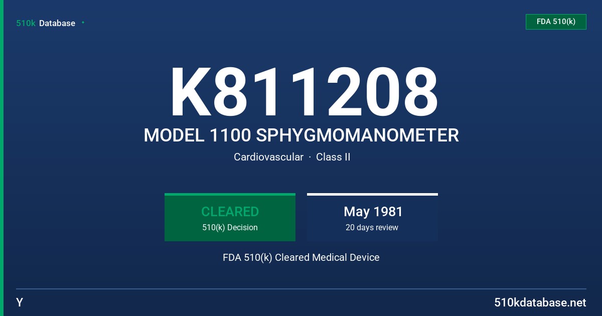 K811208 MODEL 1100 SPHYGMOMANOMETER FDA 510(k) Cleared Medical Device