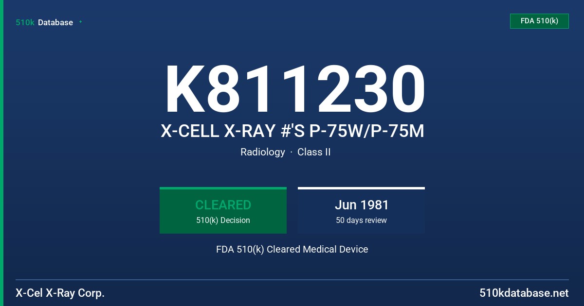 K811230 X-CELL X-RAY #'S P-75W/P-75M FDA 510(k) Cleared Medical Device