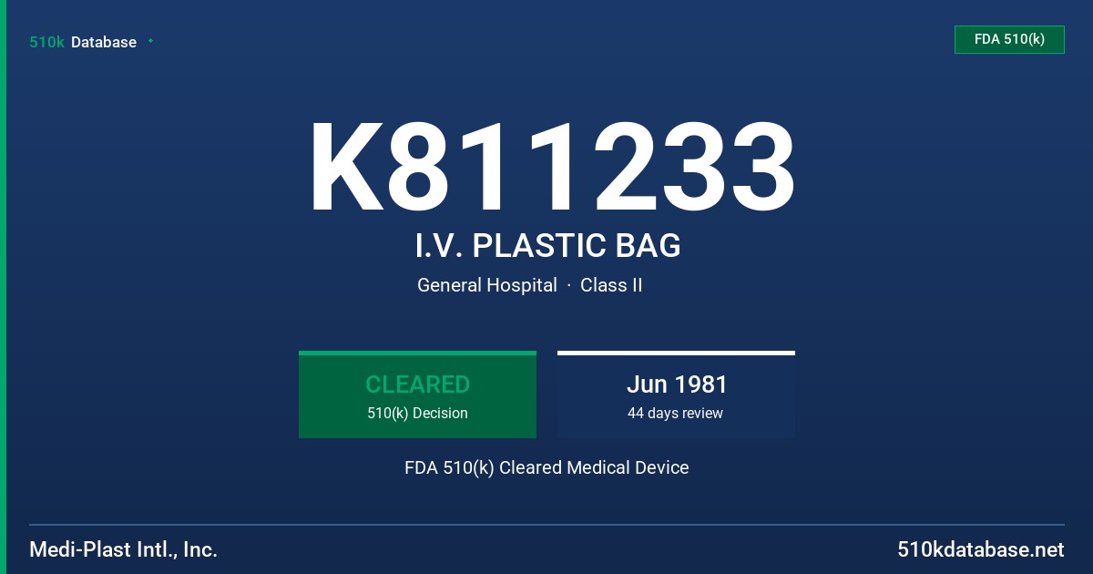 K811233 I.V. PLASTIC BAG FDA 510(k) Cleared Medical Device