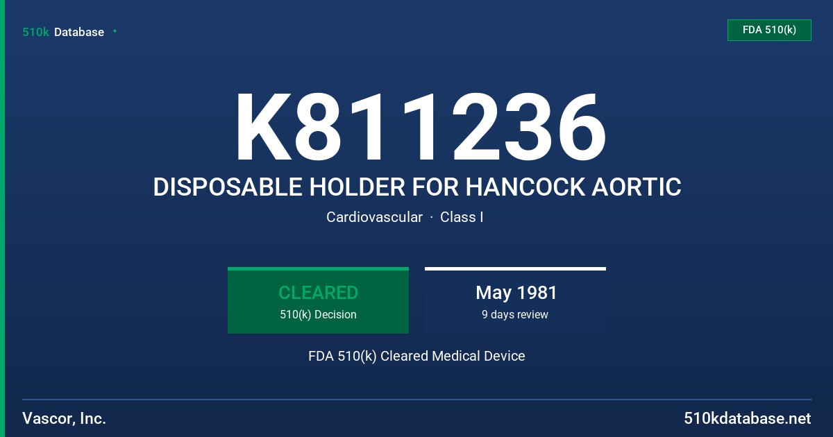 K811236 DISPOSABLE HOLDER FOR HANCOCK AORTIC FDA 510(k) Cleared Medical Device