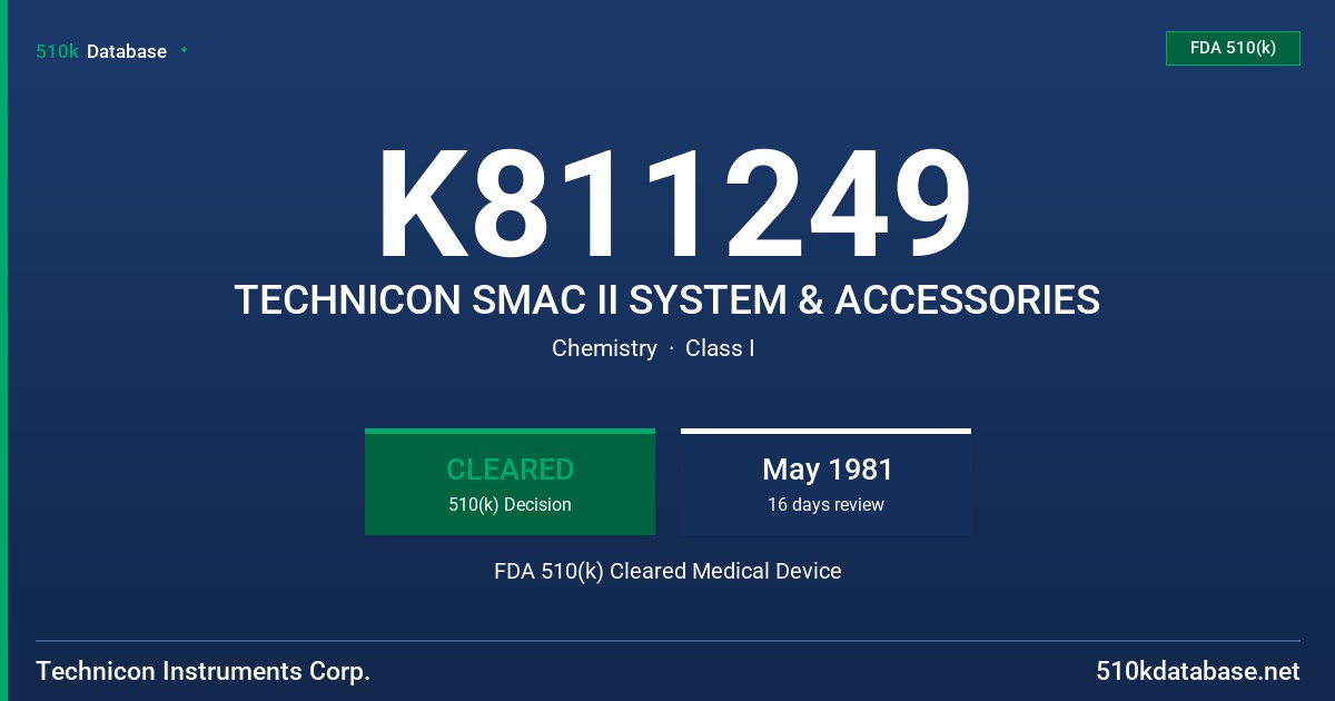 K811249 TECHNICON SMAC II SYSTEM & ACCESSORIES FDA 510(k) Cleared Medical Device