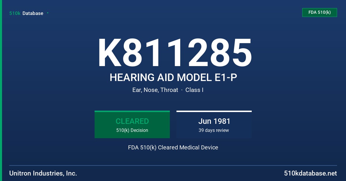 K811285 HEARING AID MODEL E1-P FDA 510(k) Cleared Medical Device