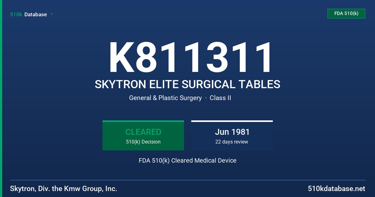 K811311 SKYTRON ELITE SURGICAL TABLES FDA 510(k) Cleared Medical Device