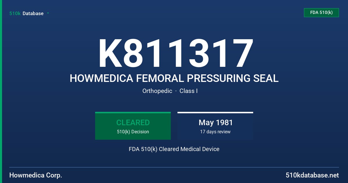 K811317 HOWMEDICA FEMORAL PRESSURING SEAL FDA 510(k) Cleared Medical Device