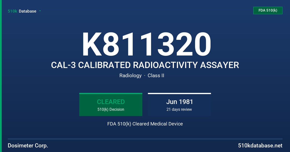 K811320 CAL-3 CALIBRATED RADIOACTIVITY ASSAYER FDA 510(k) Cleared Medical Device