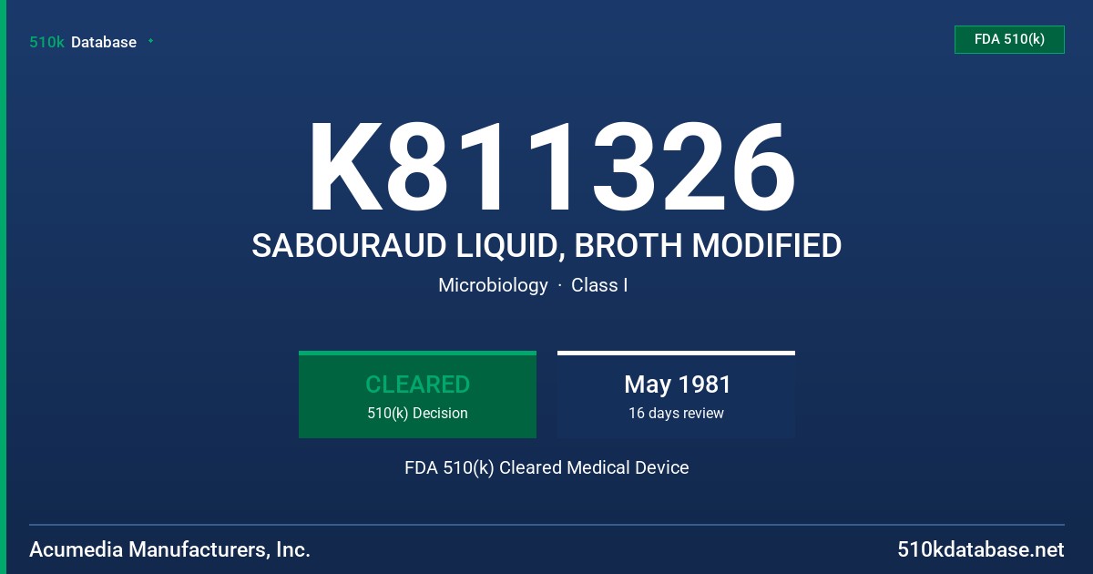 K811326 SABOURAUD LIQUID, BROTH MODIFIED FDA 510(k) Cleared Medical Device