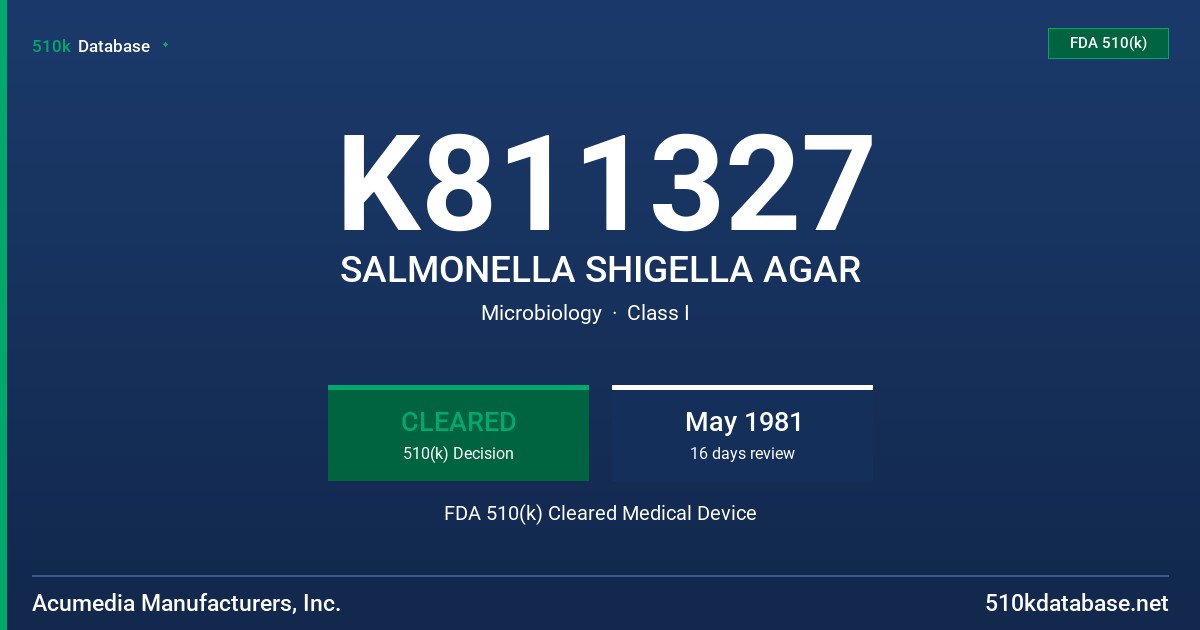 K811327 SALMONELLA SHIGELLA AGAR FDA 510(k) Cleared Medical Device