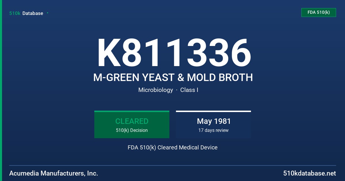 K811336 M-GREEN YEAST & MOLD BROTH FDA 510(k) Cleared Medical Device