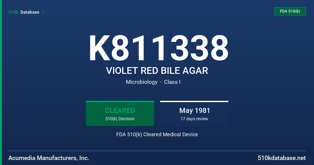 K811338 VIOLET RED BILE AGAR FDA 510(k) Cleared Medical Device