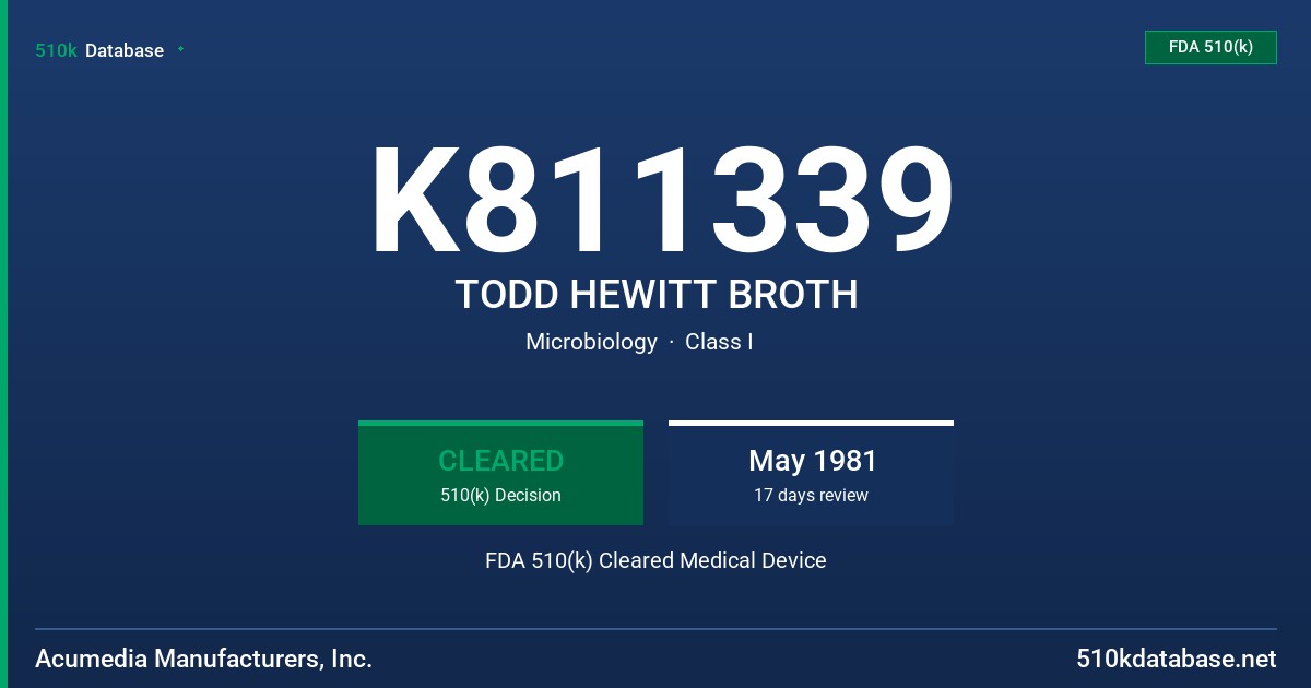 K811339 TODD HEWITT BROTH FDA 510(k) Cleared Medical Device