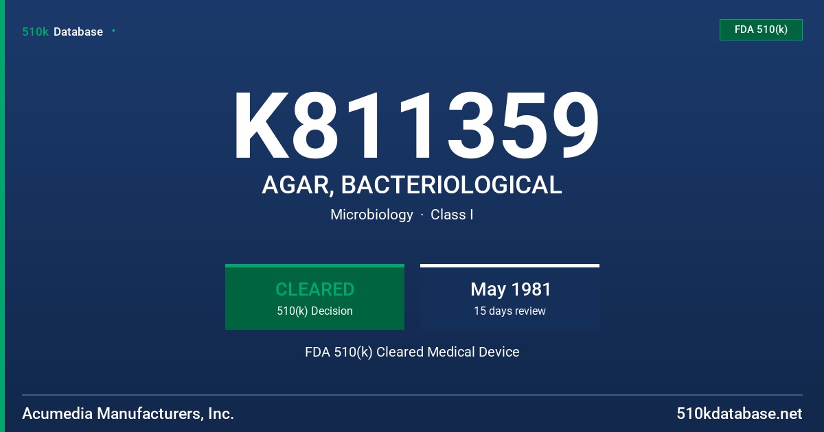 K811359 AGAR, BACTERIOLOGICAL FDA 510(k) Cleared Medical Device