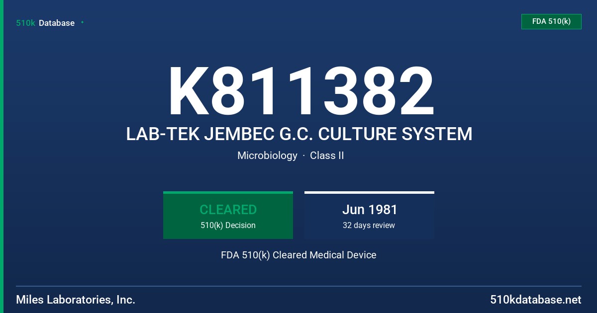 K811382 LAB-TEK JEMBEC G.C. CULTURE SYSTEM FDA 510(k) Cleared Medical Device