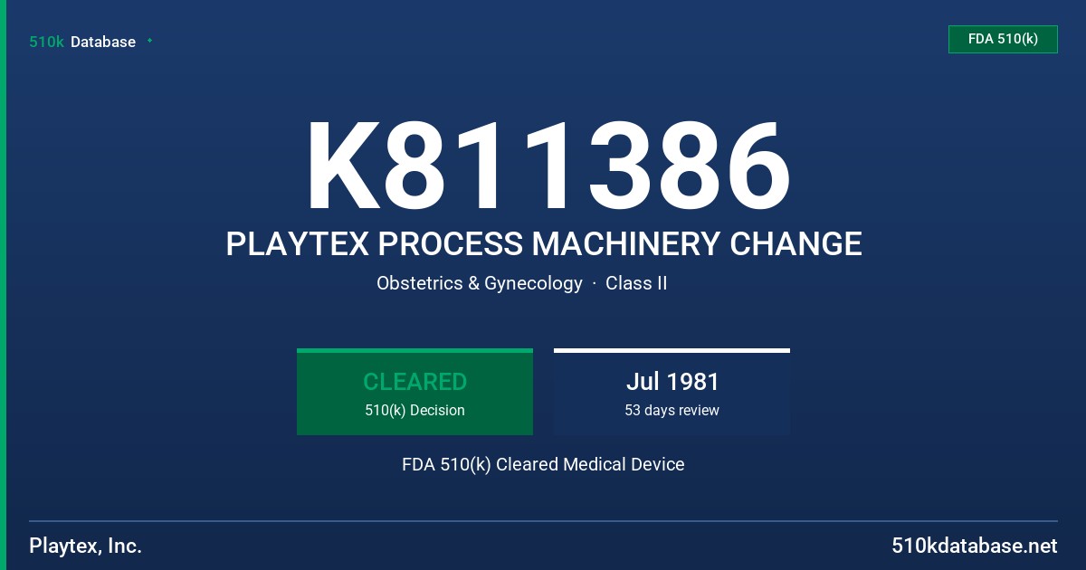 K811386 PLAYTEX PROCESS MACHINERY CHANGE FDA 510(k) Cleared Medical Device