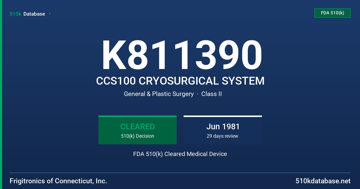K811390 CCS100 CRYOSURGICAL SYSTEM FDA 510(k) Cleared Medical Device
