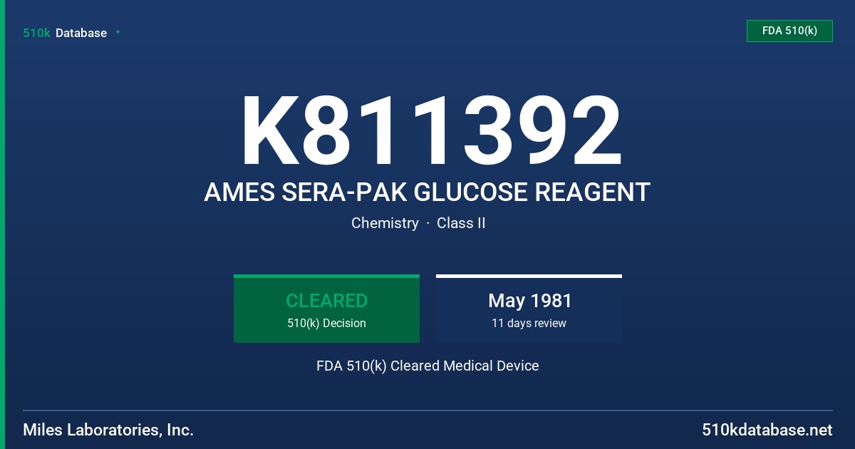 K811392 AMES SERA-PAK GLUCOSE REAGENT FDA 510(k) Cleared Medical Device