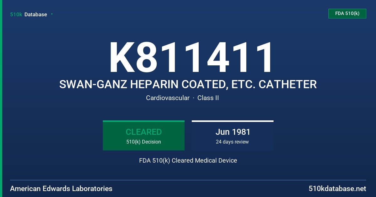 K811411 SWAN-GANZ HEPARIN COATED, ETC. CATHETER FDA 510(k) Cleared Medical Device