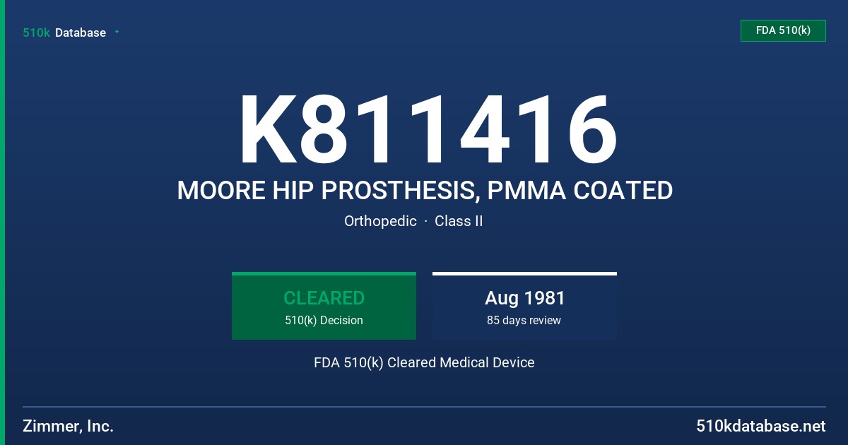 K811416 MOORE HIP PROSTHESIS, PMMA COATED FDA 510(k) Cleared Medical Device