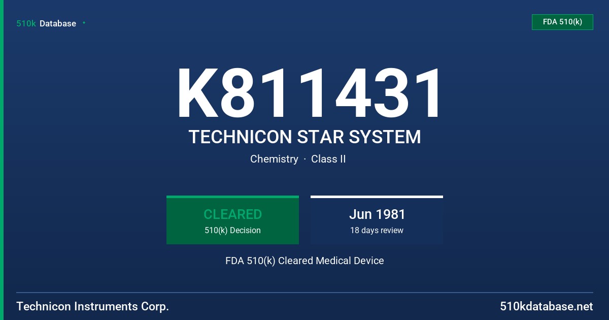 K811431 TECHNICON STAR SYSTEM FDA 510(k) Cleared Medical Device