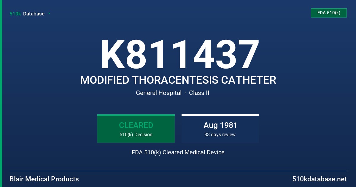 K811437 MODIFIED THORACENTESIS CATHETER FDA 510(k) Cleared Medical Device
