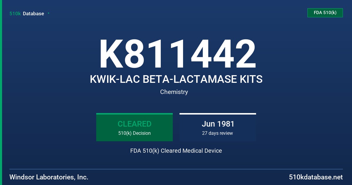 K811442 KWIK-LAC BETA-LACTAMASE KITS FDA 510(k) Cleared Medical Device