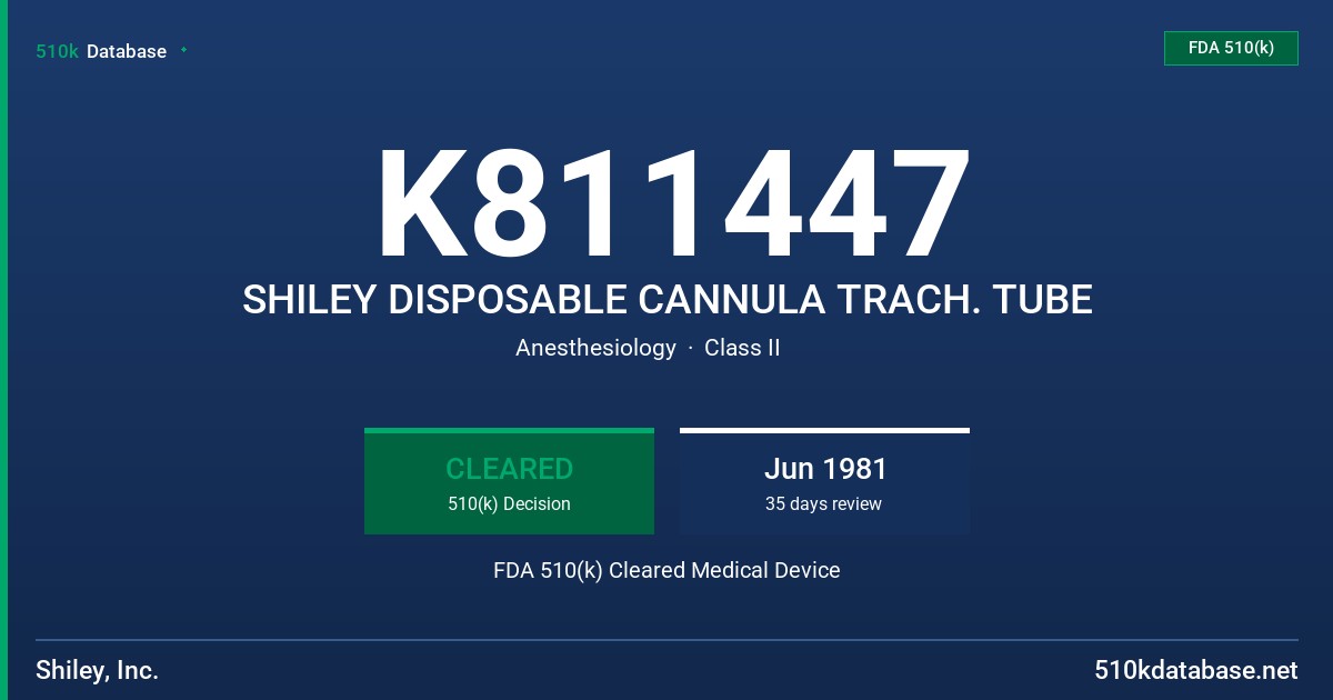 K811447 SHILEY DISPOSABLE CANNULA TRACH. TUBE FDA 510(k) Cleared Medical Device