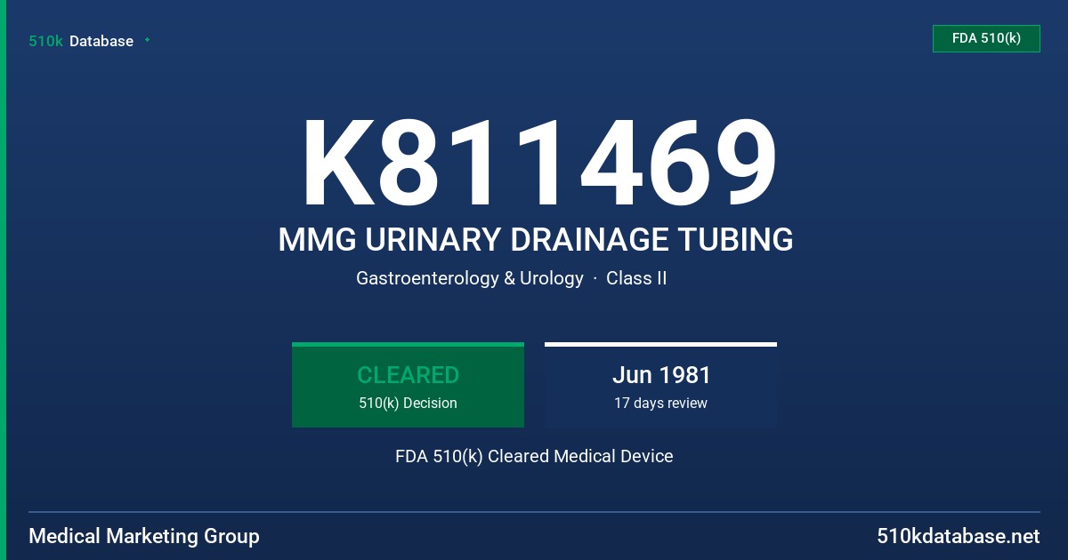 K811469 MMG URINARY DRAINAGE TUBING FDA 510(k) Cleared Medical Device